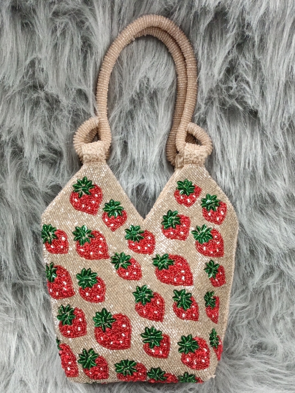 Beaded Strawberry Handbag Tote Bag in Beige and Red Viral